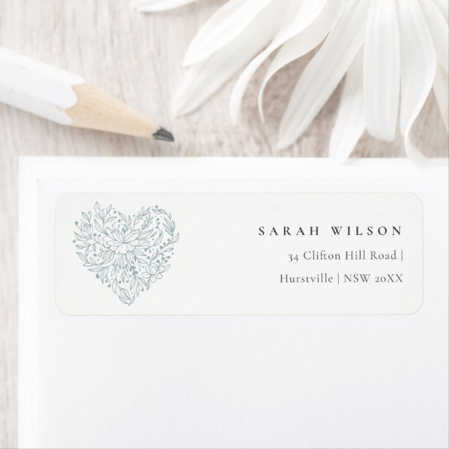 Cute Minimal Dusky Blue Floral Heart Address Label (Insitu)