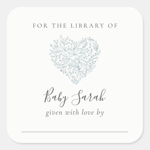 Cute Minimal Dusky Blue Floral Heart Baby Library Square Sticker