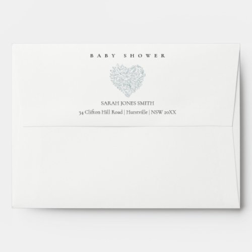 Cute Minimal Dusky Blue Floral Heart Baby Shower Envelope