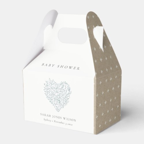 Cute Minimal Dusky Blue Floral Heart Baby Shower Favor Boxes