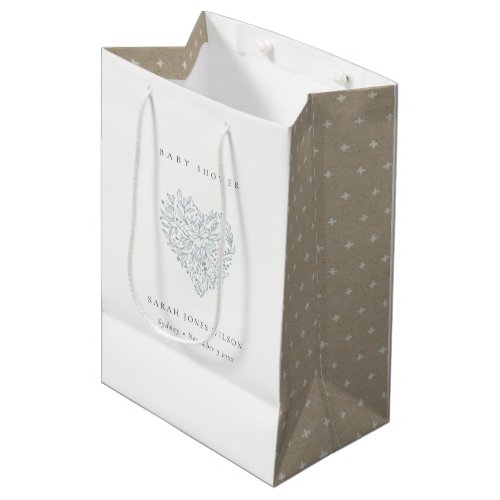 Cute Minimal Dusky Blue Floral Heart Baby Shower Medium Gift Bag