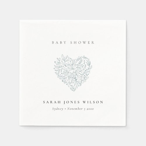 Cute Minimal Dusky Blue Floral Heart Baby Shower