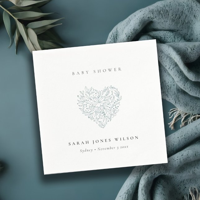 Cute Minimal Dusky Blue Floral Heart Baby Shower Napkins (Creator Uploaded)