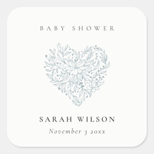 Cute Minimal Dusky Blue Floral Heart Baby Shower Square Sticker