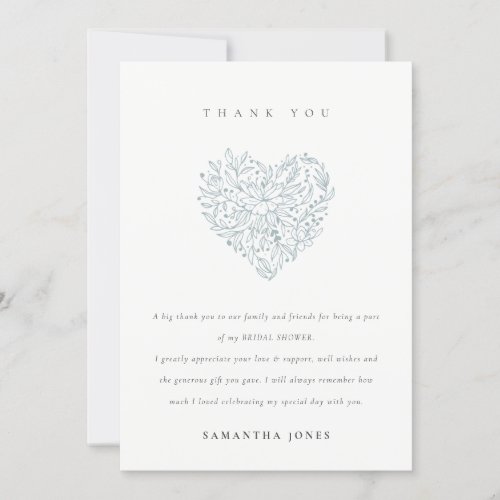 Cute Minimal Dusky Blue Floral Heart Bridal Shower Thank You Card
