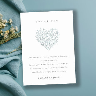 Cute Minimal Dusky Blue Floral Heart Bridal Shower Thank You Card