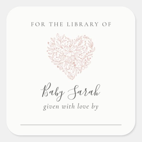 Cute Minimal Dusky Blush Floral Heart Baby Library Square Sticker