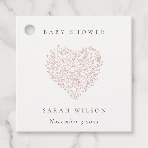 Cute Minimal Dusky Blush Floral Heart Baby Shower Favor Tags