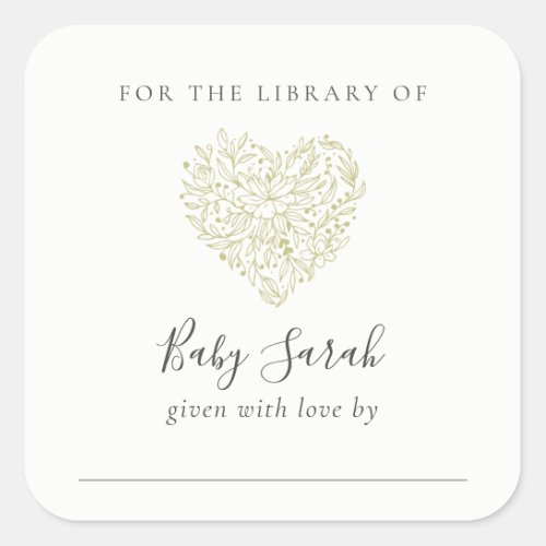 Cute Minimal Dusky Green Floral Heart Baby Library Square Sticker
