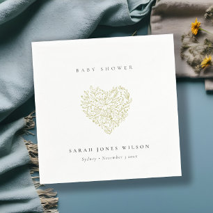 Cute Minimal Dusky Green Floral Heart Baby Shower Napkins