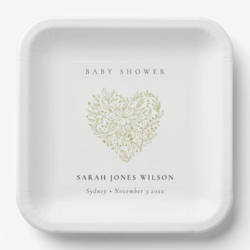 Cute Minimal Dusky Green Floral Heart Baby Shower Paper Plates