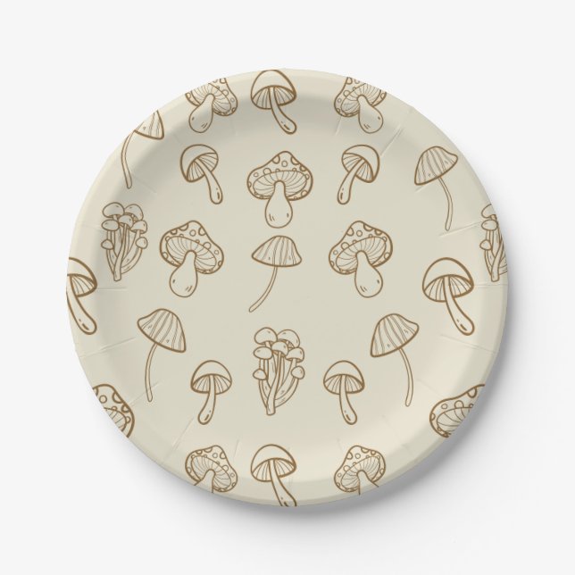 Cute Minimal Fungi Mushrooms Pattern Paper Plates (Front)
