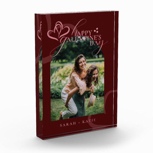 Cute Minimal Modern Maroon Script Galentine's  Photo Block (Left)
