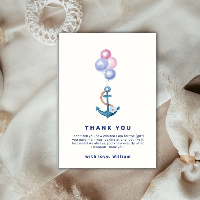 Cute Minimal Nautical Anchor Balloon Baby Shower  Thank You Card (Cute Minimal Nautical Anchor Balloon Baby Shower Thank You Card)