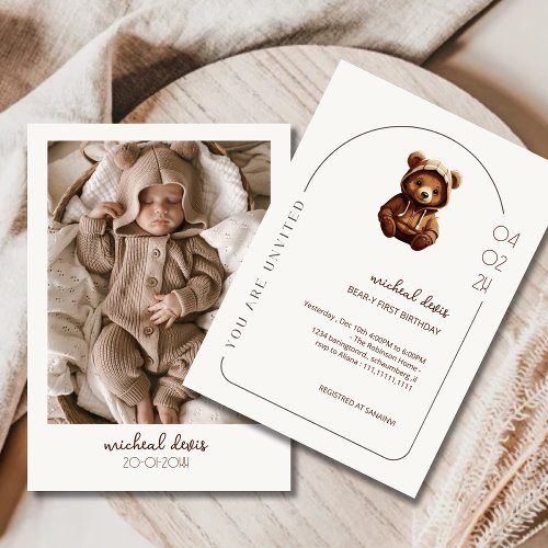  Cute Minimal Photo Bear_y First baby Birthday  Invitation