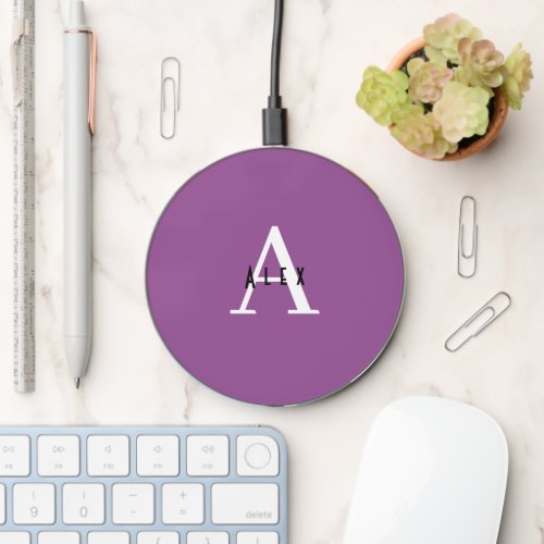 Cute Minimal Purple Monogram Name  Initial Wireless Charger