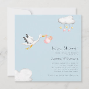 Cute minimal stork girly baby shower invitation