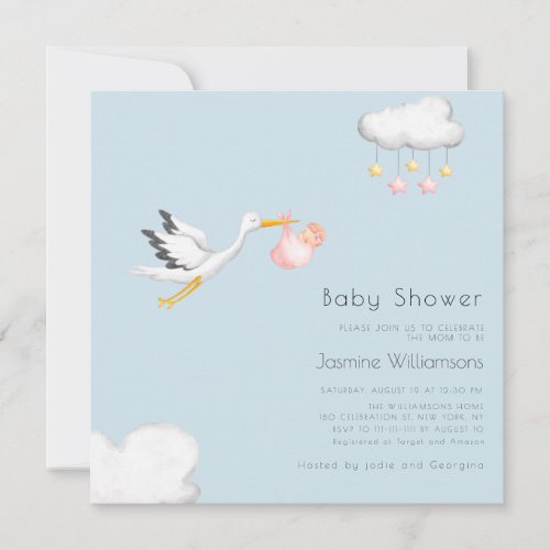 Cute minimal stork girly baby shower  invitation