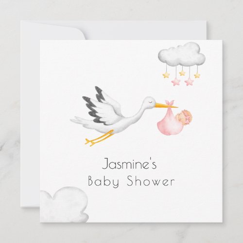 Cute minimal stork pink baby shower  invitation