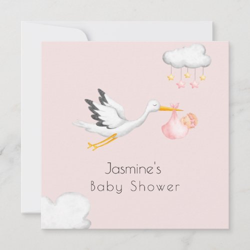 Cute minimal stork pink baby shower  invitation