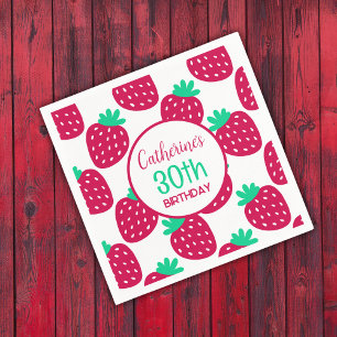Cute Minimal Strawberry Pattern in Red and Green Napkins