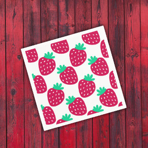 Cute Minimal Strawberry Pattern in Red and Green Napkins