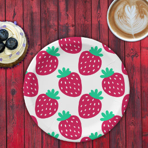 Cute Minimal Strawberry Pattern in Red and Green Paper Plates