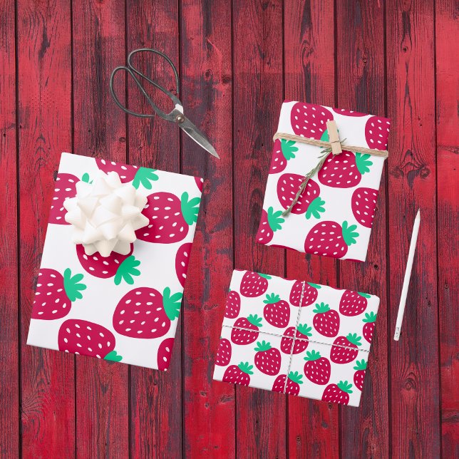 Cute Minimal Strawberry Pattern in Red and Green Wrapping Paper Sheets (Creator Uploaded)