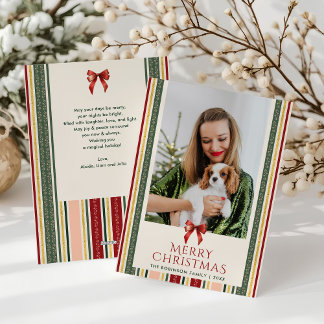 Cute Minimal Stripes & Bow Merry Christmas 1 Photo Holiday Card