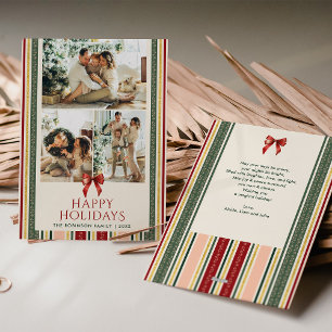 Cute Minimal Stripes & Bow Merry Christmas 2 Photo Holiday Card