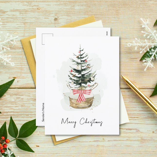 Cute Minimal Watercolor Christmas Tree Christmas  Holiday Postcard (Creator Uploaded)