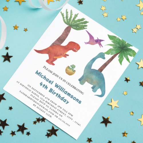 Cute  minimal  watercolor dinosaur birthday i invitation
