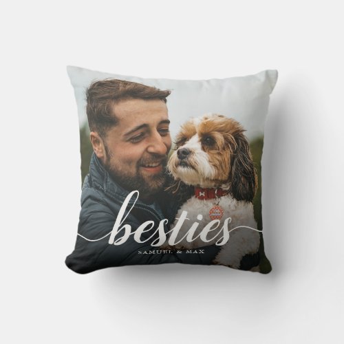 Cute Minimalist Besties Man And Dog Photo Script Throw Pillow