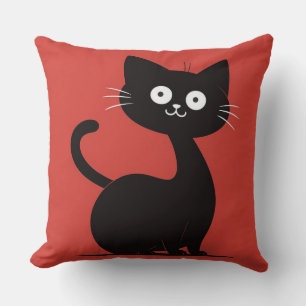 Cute Minimalist Black Cat Cartoon Funny Cat Throw Pillow