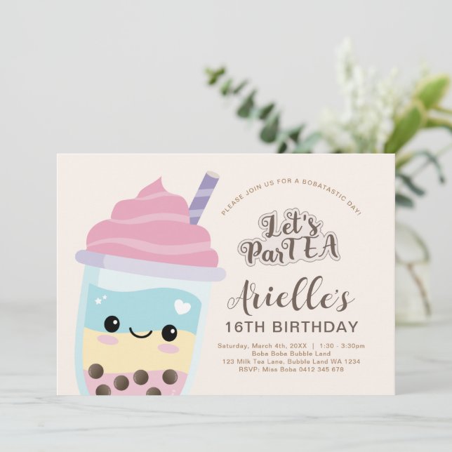 Cute Minimalist Boba Bubble Tea Birthday Invitatio Invitation (Standing Front)