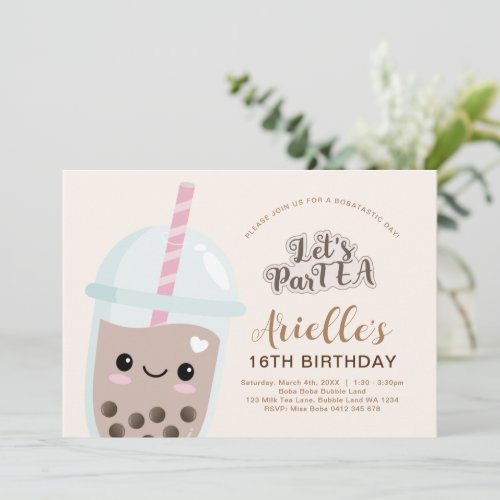 Cute Minimalist Boba Bubble Tea Birthday Invitation