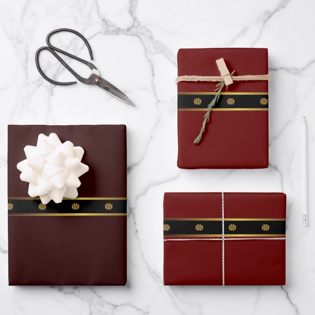 Cute Minimalist Burgundy Black And Gold Geometric Wrapping Paper Sheets (Front)