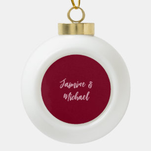 Cute Minimalist Burgundy Red Calligraphy Own Name Ceramic Ball Christmas Ornament