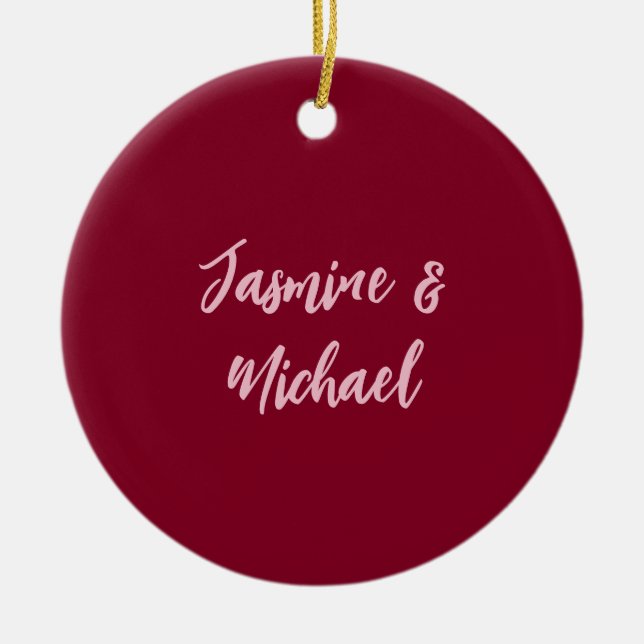Cute Minimalist Burgundy Red Calligraphy Own Name Ceramic Ornament (Front)