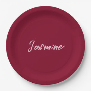 Cute Minimalist Burgundy Red Calligraphy Own Name Paper Plates