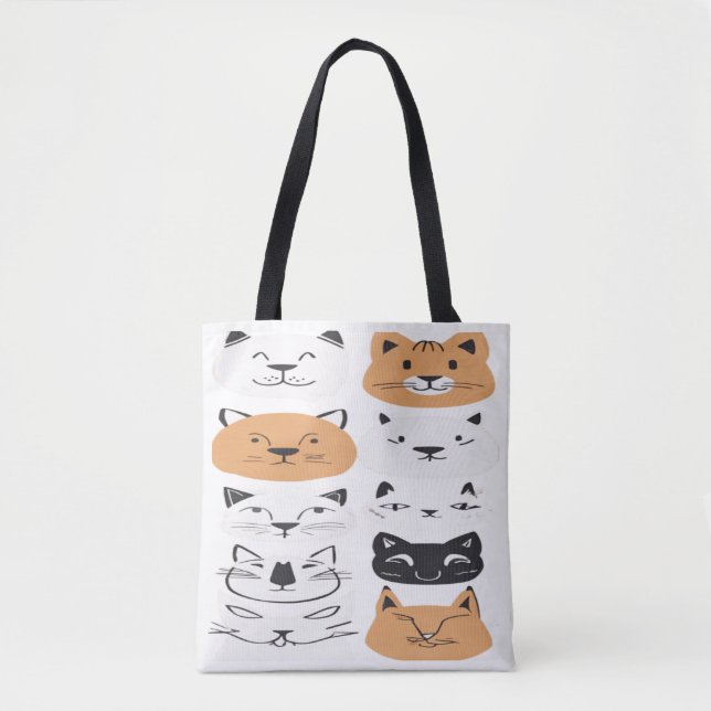 Cute Minimalist Cat Faces Pattern Funny Feline Art Tote Bag (Front)
