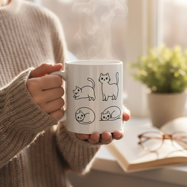  Cute Minimalist Cat Line Art Coffee Cup (Creator Uploaded)
