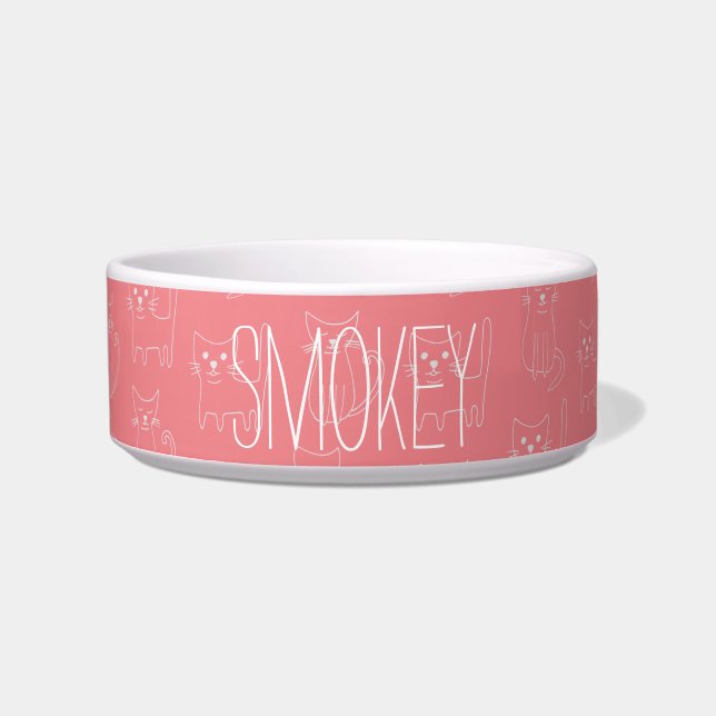 Cute Minimalist Cat Line Pattern Customizable Name Bowl (Front)