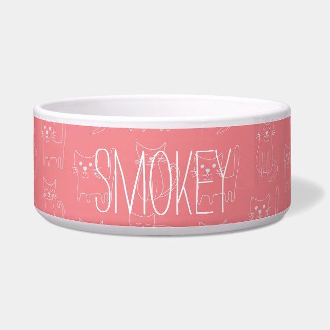 Cute Minimalist Cat Line Pattern Customizable Name Bowl (Front)