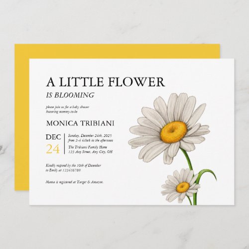 Cute Minimalist Daisy Flower Baby Shower Girl Invitation
