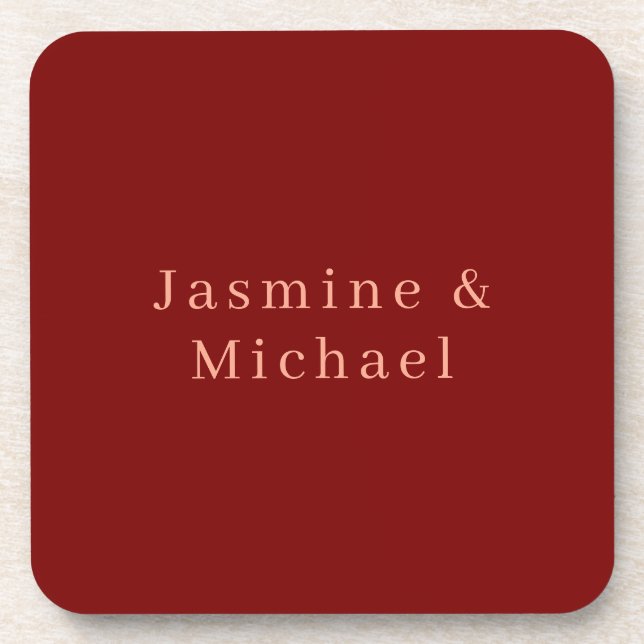 Cute Minimalist Deep Red & Peach Own Name Beverage Coaster (Front)