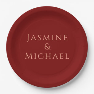 Cute Minimalist Deep Red & Peach Own Name Paper Plates
