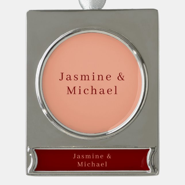 Cute Minimalist Deep Red & Peach Own Name Silver Plated Banner Ornament (Front)