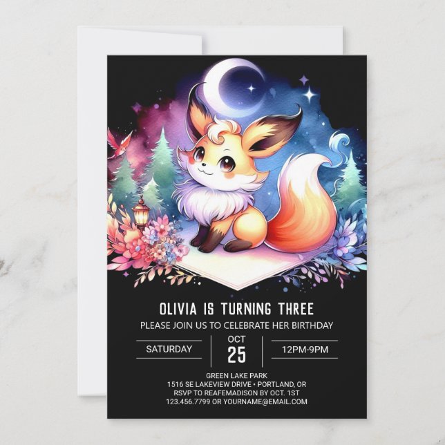 Cute Minimalist Fox Birthday digital Invitation (Front)