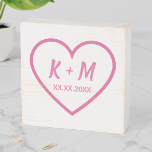 Cute Minimalist Initials Wedding Date Pink Heart Wooden Box Sign